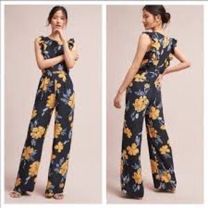 Anthropologie Navy Floral Wide-Leg Sleeveless Jumpsuit with Yellow Blooms
